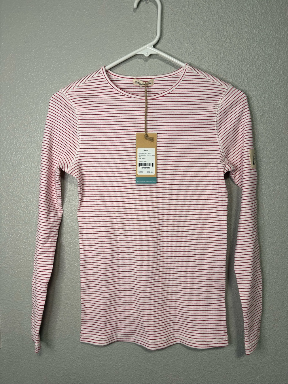 Pastel White Red Striped Ribbed Long Sleeve Tee Bicycle Patch Size 14 NWT